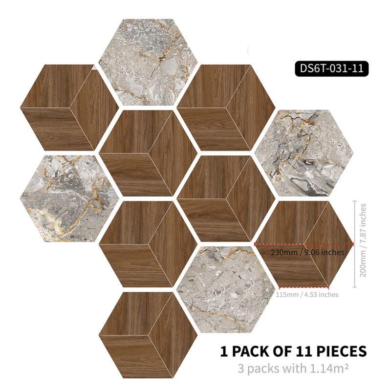 Hatszögletű PVC öntapadós padlólapok, vízállóak és nedvesség-, olaj- és penészállók, más mintázat, több mint 5 darab, alkalmas hálószoba, dolgozószoba, étkező, konyha és fürdőszoba