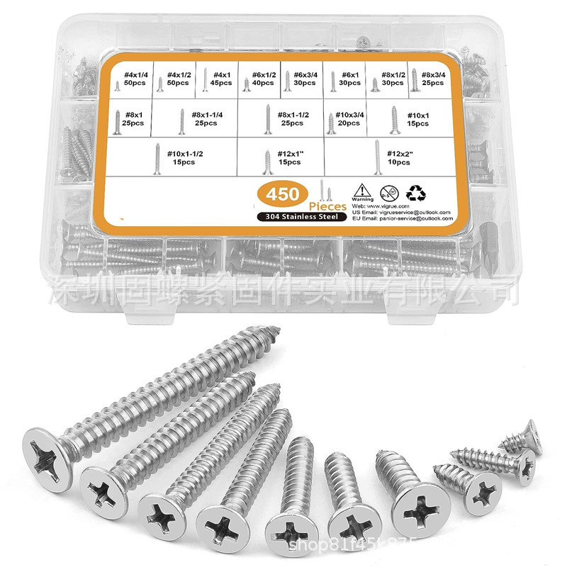 Комплект самонарезни винтове в кутия, 304 неръждаема стомана, глава потъваща, стандарт GB/YB 846, за гипсокартон и дърво, 570 броя/815 броя