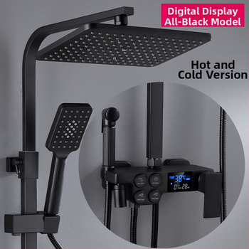 Dušo komplektas su vario korpusu, kvadratinio formos, sieninis tvirtinimas, funkcijos: purškimas, temperatūros reguliavimas, lietaus režimas; keturi lygiai išmaniai pastoviai temperatūrai su skaitmeniniu ekranu