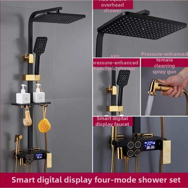 Dušo komplektas su vario korpusu, kvadratinio formos, sieninis tvirtinimas, funkcijos: purškimas, temperatūros reguliavimas, lietaus režimas; keturi lygiai išmaniai pastoviai temperatūrai su skaitmeniniu ekranu