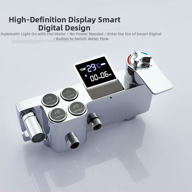 Душов комплект с меден корпус, квадратен дизайн, стенен монтаж; функции: пръскане, контрол на температурата и дъждовен режим; четири нива интелигентна постоянна температура с цифров дисплей