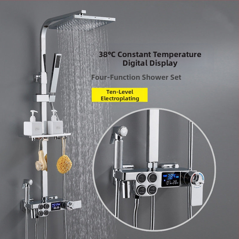 Душов комплект с меден корпус, квадратен дизайн, стенен монтаж; функции: пръскане, контрол на температурата и дъждовен режим; четири нива интелигентна постоянна температура с цифров дисплей