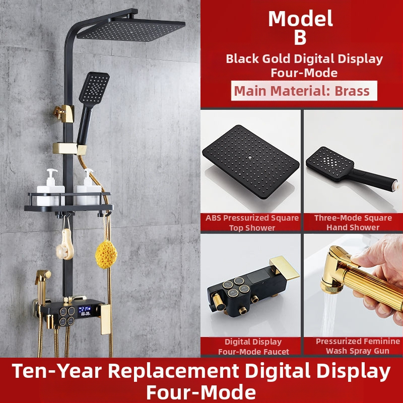 Dušo komplektas su vario korpusu, kvadratinio formos, sieninis tvirtinimas, funkcijos: purškimas, temperatūros reguliavimas, lietaus režimas; keturi lygiai išmaniai pastoviai temperatūrai su skaitmeniniu ekranu