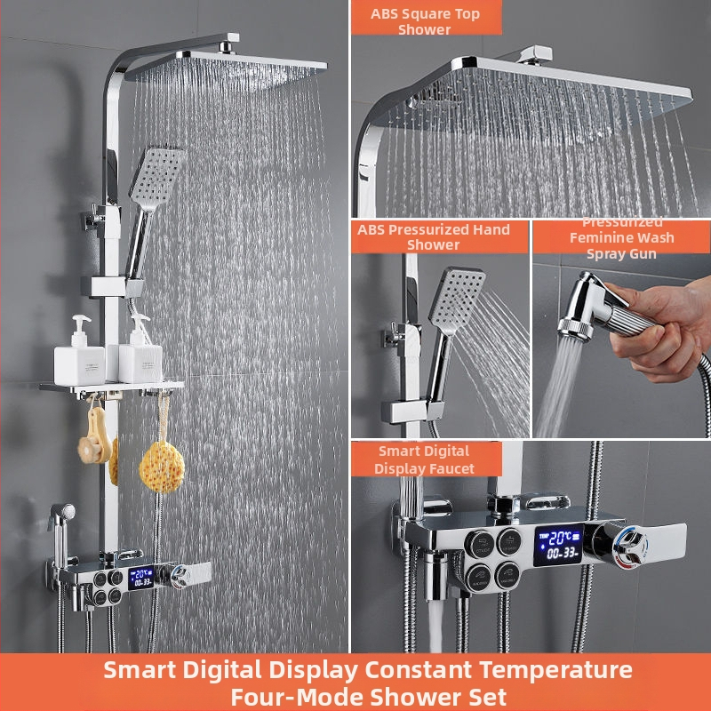 Dušo komplektas su vario korpusu, kvadratinio formos, sieninis tvirtinimas, funkcijos: purškimas, temperatūros reguliavimas, lietaus režimas; keturi lygiai išmaniai pastoviai temperatūrai su skaitmeniniu ekranu