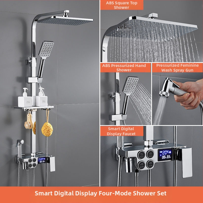 Dušo komplektas su vario korpusu, kvadratinio formos, sieninis tvirtinimas, funkcijos: purškimas, temperatūros reguliavimas, lietaus režimas; keturi lygiai išmaniai pastoviai temperatūrai su skaitmeniniu ekranu