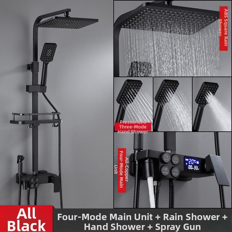 Dušo komplektas su vario korpusu, kvadratinio formos, sieninis tvirtinimas, funkcijos: purškimas, temperatūros reguliavimas, lietaus režimas; keturi lygiai išmaniai pastoviai temperatūrai su skaitmeniniu ekranu