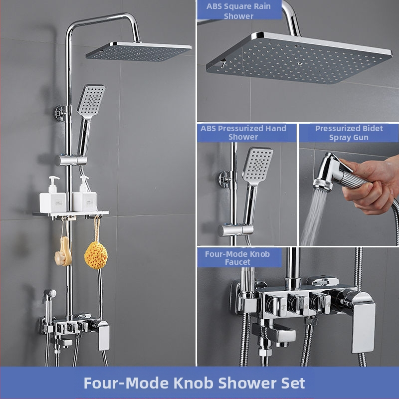 Dušo komplektas su vario korpusu, kvadratinio formos, sieninis tvirtinimas, funkcijos: purškimas, temperatūros reguliavimas, lietaus režimas; keturi lygiai išmaniai pastoviai temperatūrai su skaitmeniniu ekranu