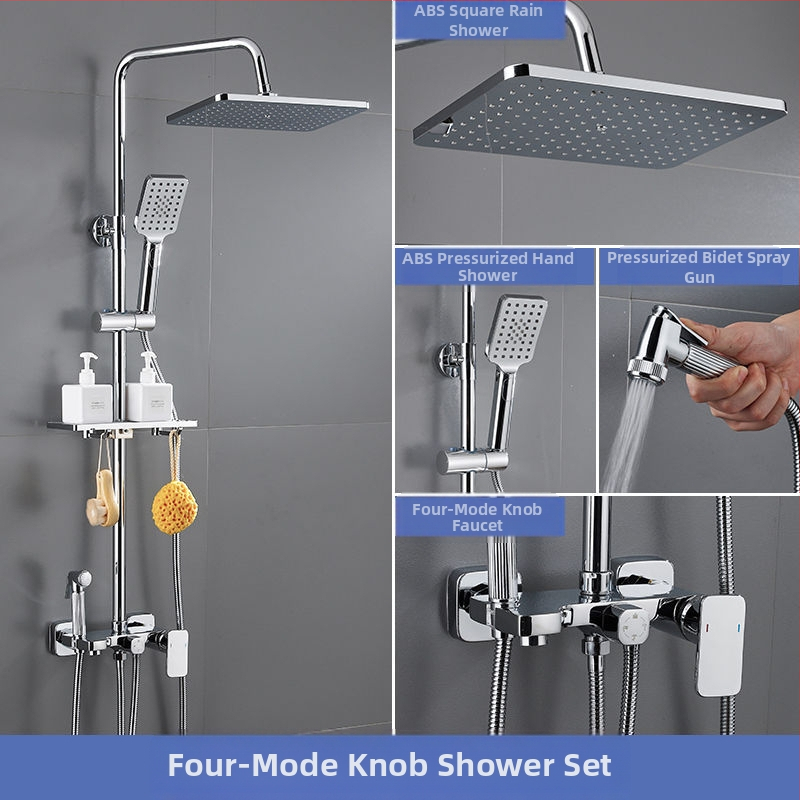 Dušo komplektas su vario korpusu, kvadratinio formos, sieninis tvirtinimas, funkcijos: purškimas, temperatūros reguliavimas, lietaus režimas; keturi lygiai išmaniai pastoviai temperatūrai su skaitmeniniu ekranu