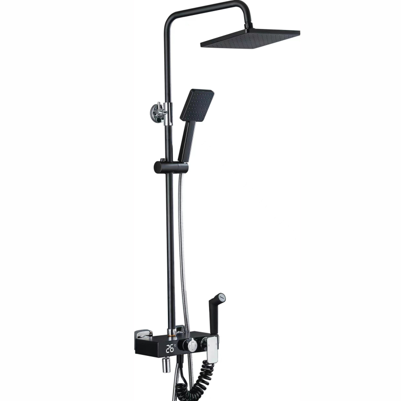 Dušo komplektas su vario korpusu, kvadratinio formos, sieninis tvirtinimas, funkcijos: purškimas, temperatūros reguliavimas, lietaus režimas; keturi lygiai išmaniai pastoviai temperatūrai su skaitmeniniu ekranu