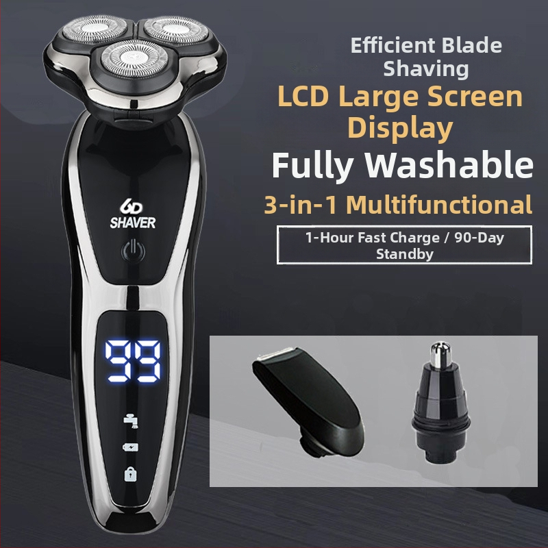 Elektrinis skutimosi prietaisas vyrams su rotuojančia 3 dyglių galvute, įmontuota 500–800 mAh baterija, bešepetėlis variklis, įkraunamas, plaunamas visam kūnui, LED ekranas, plaukianti galvutė