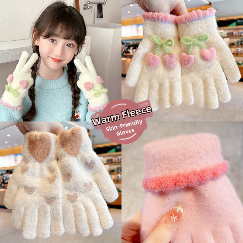 Mergaitėms megztos pirštinės – šiltos ir vėją sulaikančios, su penkiais pirštais, žiemos, pavasario ir rudens sezonams, amžius 6–12 metų