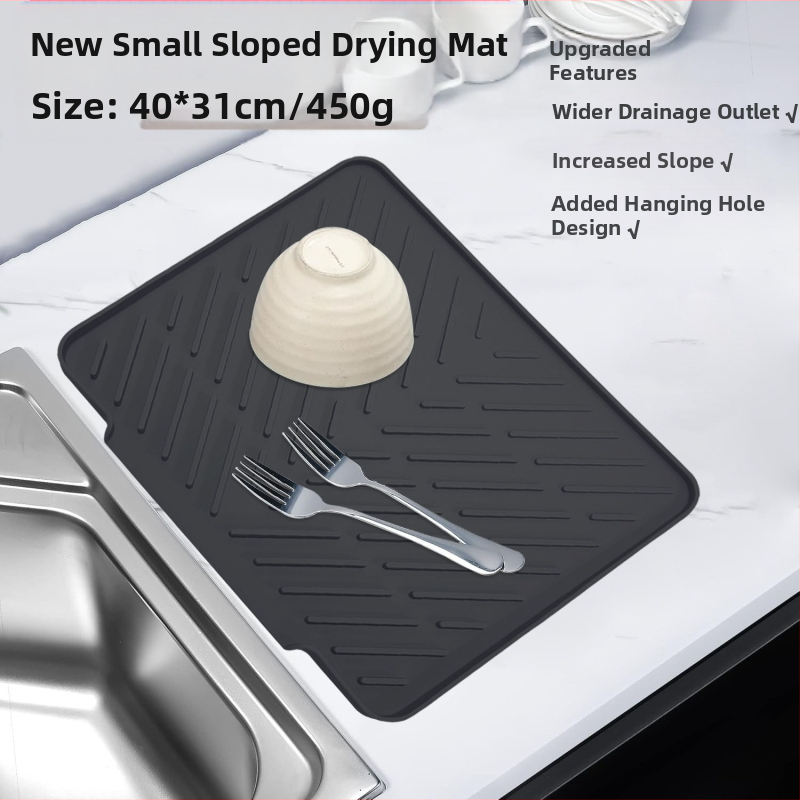 Silikoninė virtuvės džiovinimo kilimėlis su drenažo anga ir izoliacija, kvadratinės formos, degraduojantis, išleistas 2023