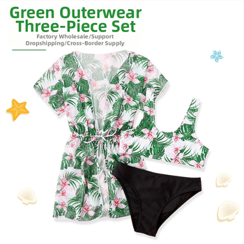 Τριών μερών σετ παιδικού μαγιό με κορεάτικο φλοράλ σχέδιο και υψηλή ελαστικότητα (Ύφασμα πολυεστέρα 200 g/m²; επένδυση: πολυεστέρας με 18% ελαστάνη; για κορίτσια 3–12 ετών)