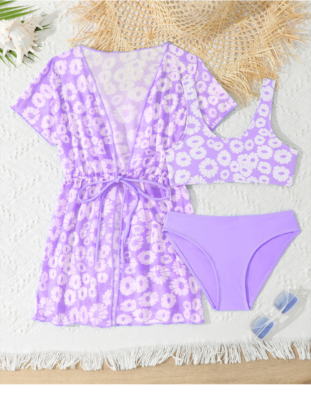 Háromrészes gyerek úszóruha készlet koreai-stílusú virágmintával, magas rugalmassággal (Poliészter anyag 200 g/m²; bélés: poliészter 18% elasztán; 3–12 éves lányok számára)