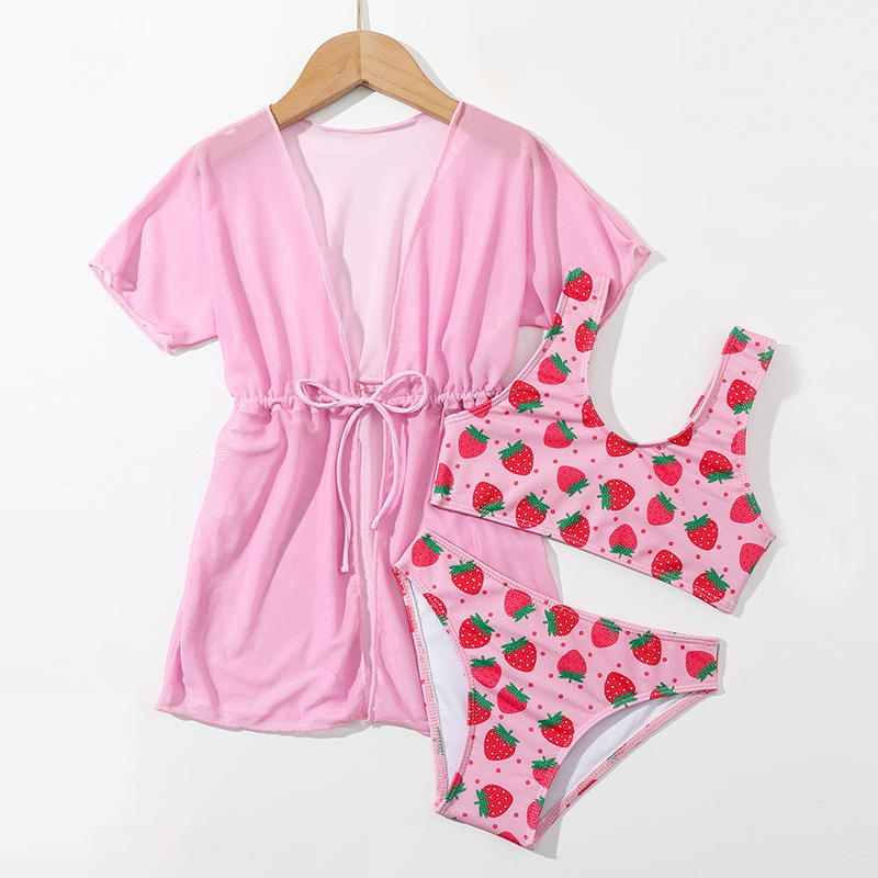 Háromrészes gyerek úszóruha készlet koreai-stílusú virágmintával, magas rugalmassággal (Poliészter anyag 200 g/m²; bélés: poliészter 18% elasztán; 3–12 éves lányok számára)