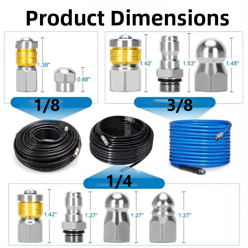 Independent стоманена дюза за високо налягане за почистване на канализационни тръби с 1/4-инчов съединител и 3/8-инчов бърз конектор