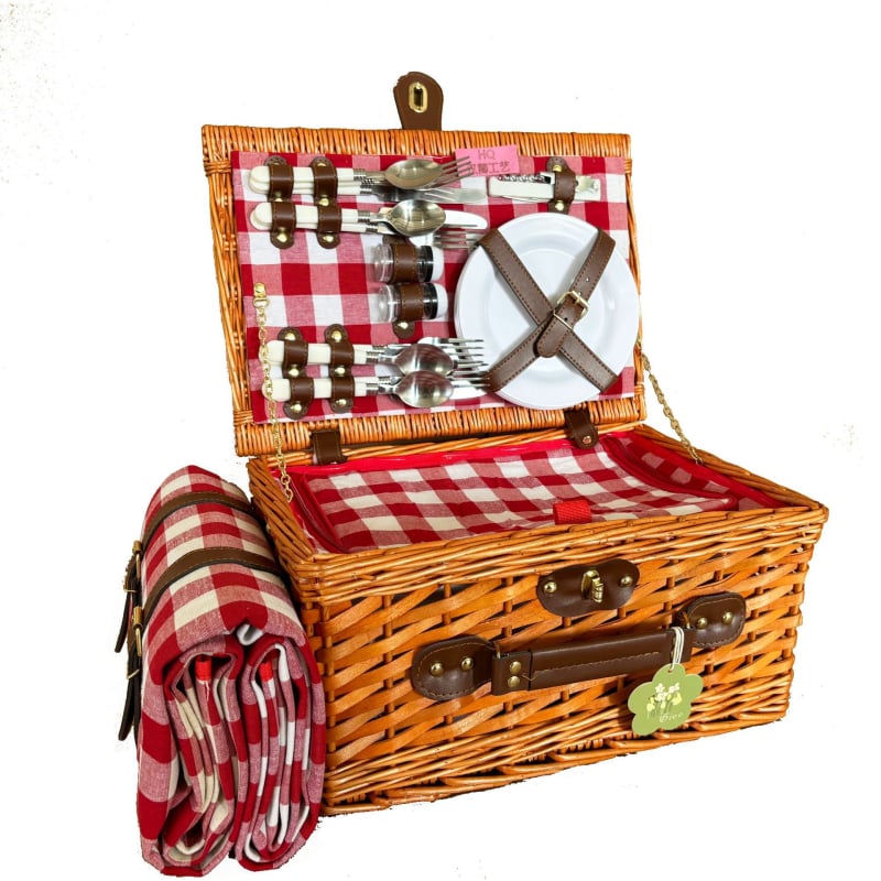 Piknik kosár, kézzel készített vesszőkosár fedővel, pásztor stílusú tárolókosár gyümölcsökhöz és másokhoz, izolált edényes táska (4 darabos készlet)
