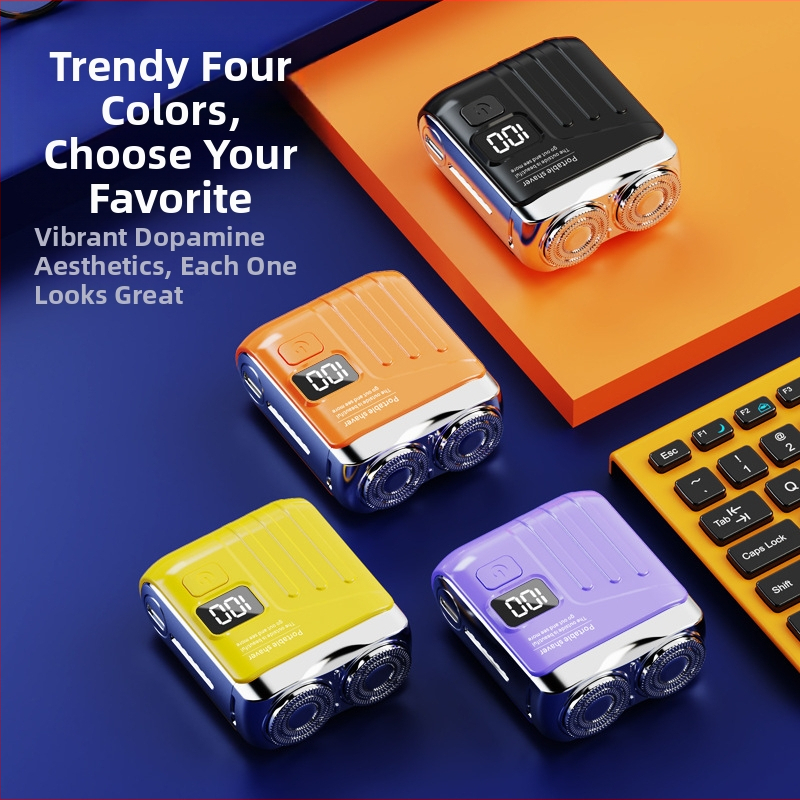 Mini hordozható elektromos borotva lebegő vágófejjel és forgó kétélű fejjel (beépített 300–500 mAh akkumulátor, 60 perc működési idő, brushless motor)