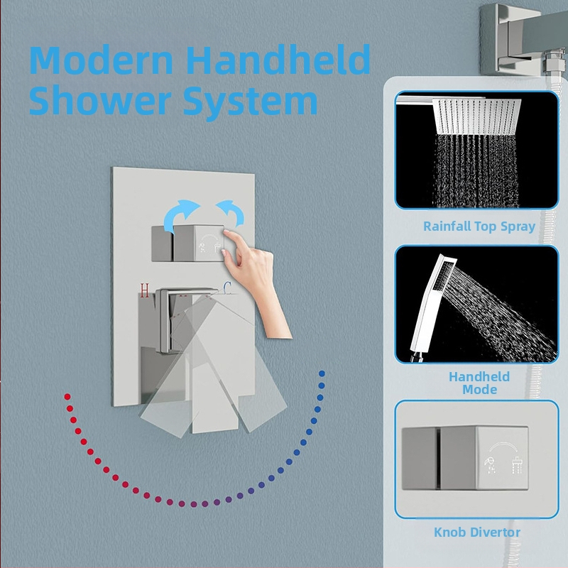 Душ комплект с вградена в стената инсталация, меден материал, квадратна форма, модел FH-47, функции масаж и дъждовен душ