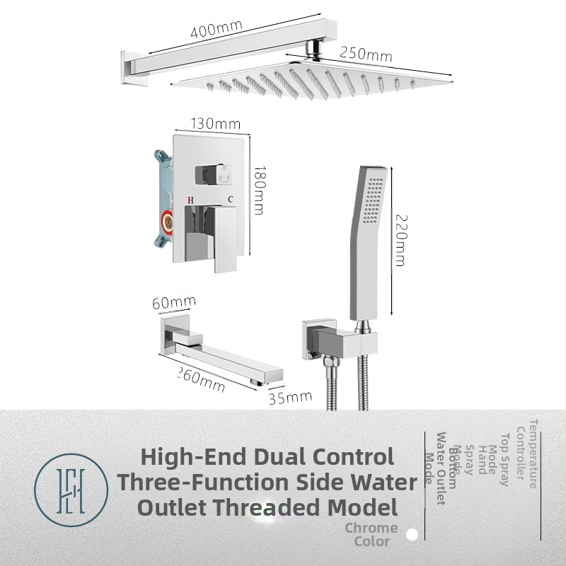 Dušo komplektas su paslėptu sienos montavimu, vario medžiaga, kvadratinė forma, modelis FH-47, masažo ir lietaus funkcijos