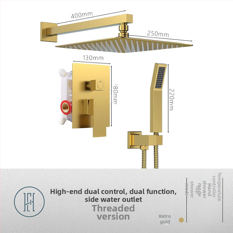 Dušo komplektas su paslėptu sienos montavimu, vario medžiaga, kvadratinė forma, modelis FH-47, masažo ir lietaus funkcijos