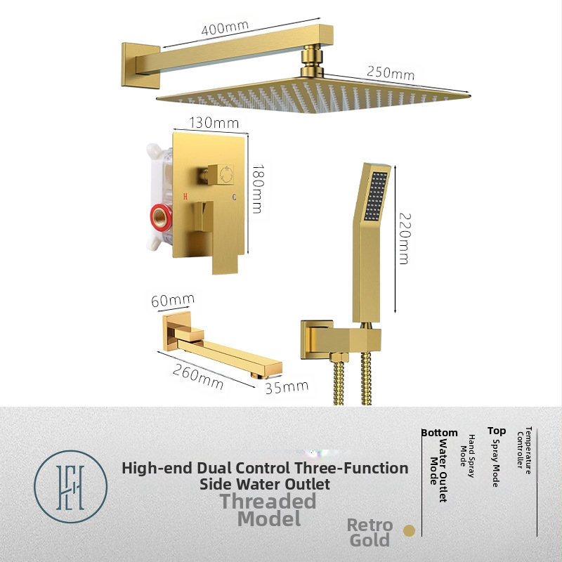 Dušo komplektas su paslėptu sienos montavimu, vario medžiaga, kvadratinė forma, modelis FH-47, masažo ir lietaus funkcijos