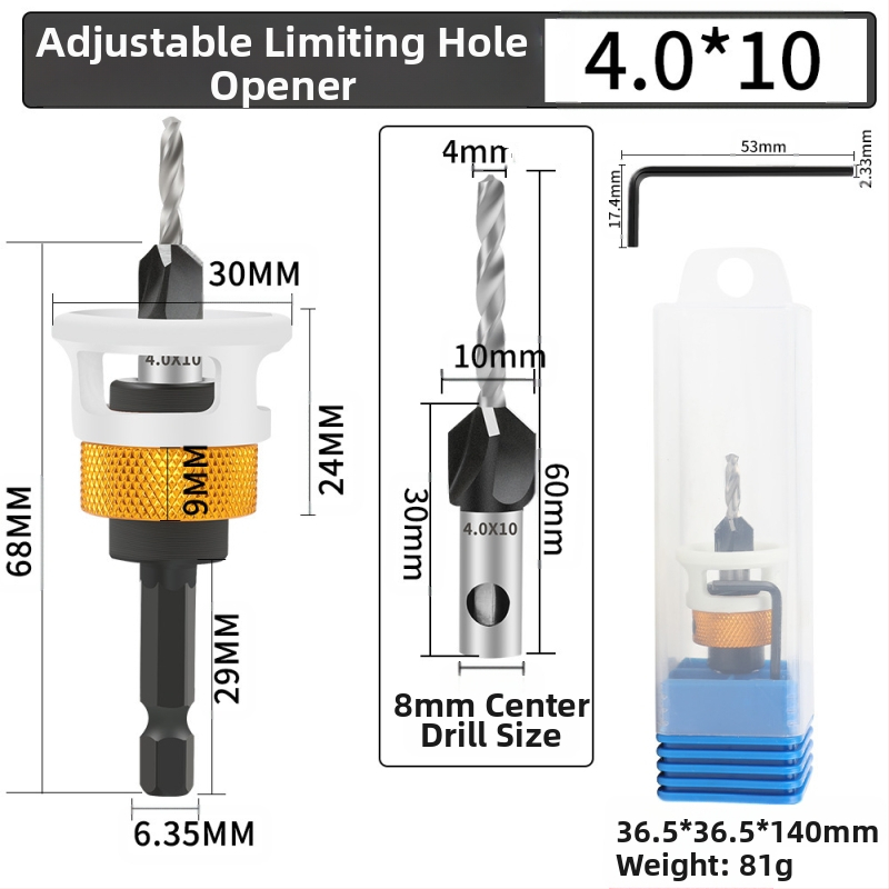 Бур за конусовидни отвори с четири лопатки, глава от сплав, регулируема дълбочина, стъпков дизайн