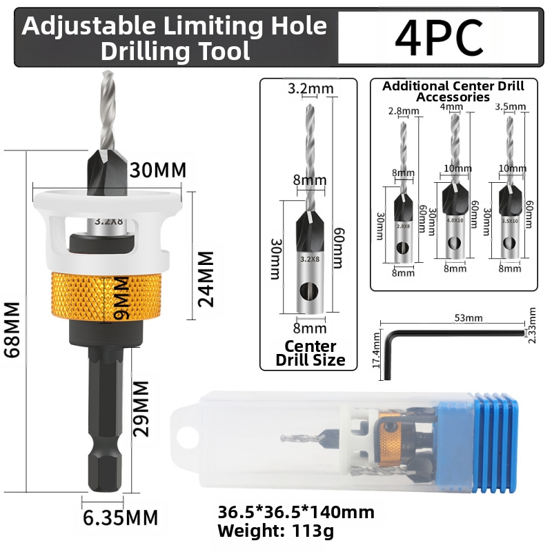 Бур за конусовидни отвори с четири лопатки, глава от сплав, регулируема дълбочина, стъпков дизайн