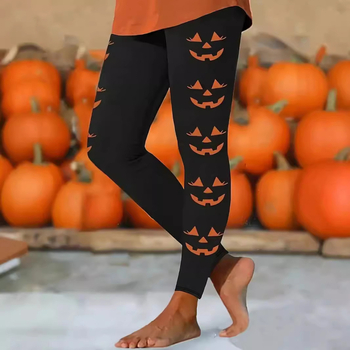 Ženske casual hlače s Halloween printom, motiv lampice od tikve, materijal imitacije pamuka s 70–80% poliestera, elastični pas, kroj olovka, proljeće 2024, gradski stil