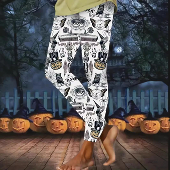 Дамски ежедневни панталони с принт тиква-фенер за Хелоуин, имитационен памук с 70–80% полиестер, еластична талия, тесен крак (молив), пролет 2024, стил градско-комфортен