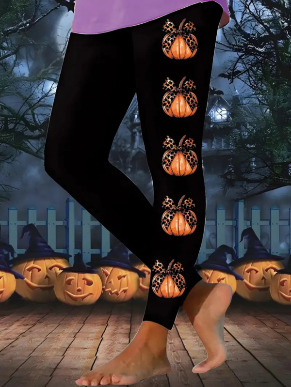 Ženske casual hlače s Halloween printom, motiv lampice od tikve, materijal imitacije pamuka s 70–80% poliestera, elastični pas, kroj olovka, proljeće 2024, gradski stil