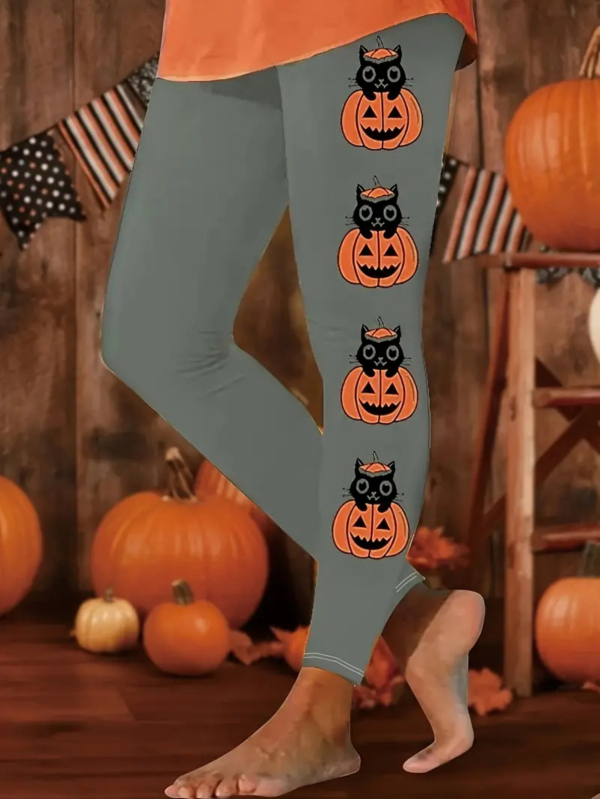 Ženske casual hlače s Halloween printom, motiv lampice od tikve, materijal imitacije pamuka s 70–80% poliestera, elastični pas, kroj olovka, proljeće 2024, gradski stil