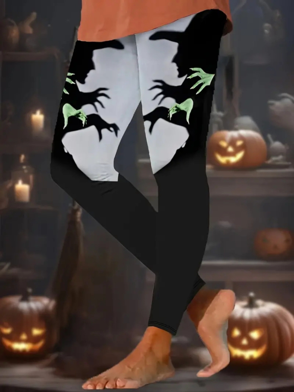 Ženske casual hlače s Halloween printom, motiv lampice od tikve, materijal imitacije pamuka s 70–80% poliestera, elastični pas, kroj olovka, proljeće 2024, gradski stil