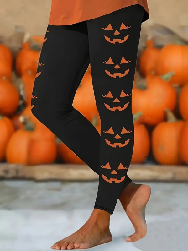 Ženske casual hlače s Halloween printom, motiv lampice od tikve, materijal imitacije pamuka s 70–80% poliestera, elastični pas, kroj olovka, proljeće 2024, gradski stil