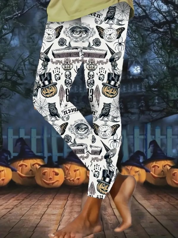 Ženske casual hlače s Halloween printom, motiv lampice od tikve, materijal imitacije pamuka s 70–80% poliestera, elastični pas, kroj olovka, proljeće 2024, gradski stil
