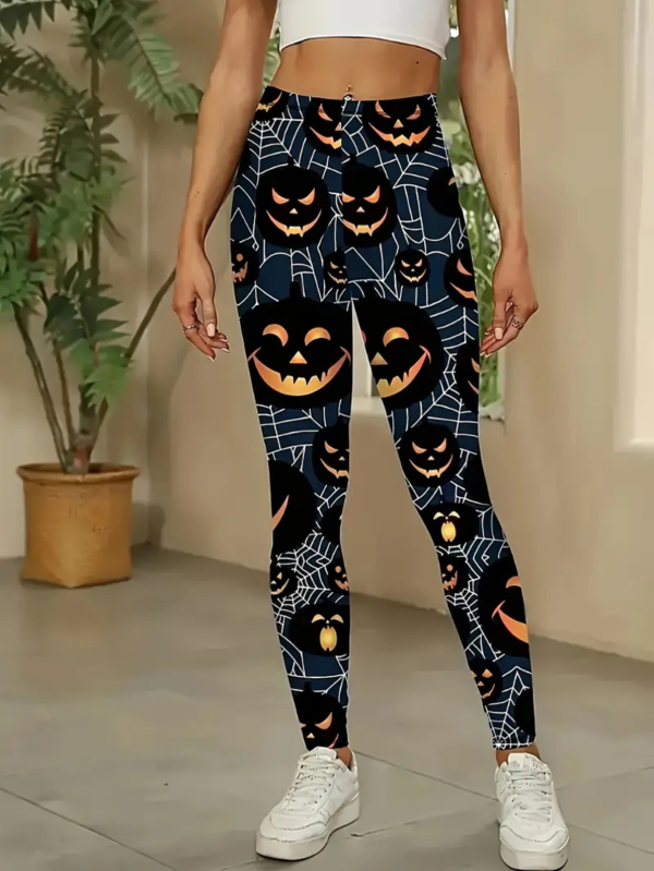 Ženske casual hlače s Halloween printom, motiv lampice od tikve, materijal imitacije pamuka s 70–80% poliestera, elastični pas, kroj olovka, proljeće 2024, gradski stil