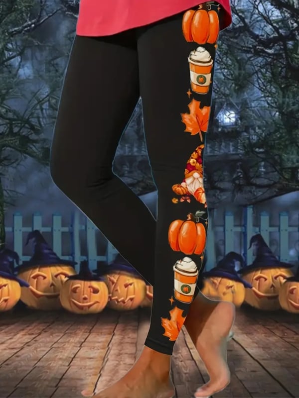 Ženske casual hlače s Halloween printom, motiv lampice od tikve, materijal imitacije pamuka s 70–80% poliestera, elastični pas, kroj olovka, proljeće 2024, gradski stil