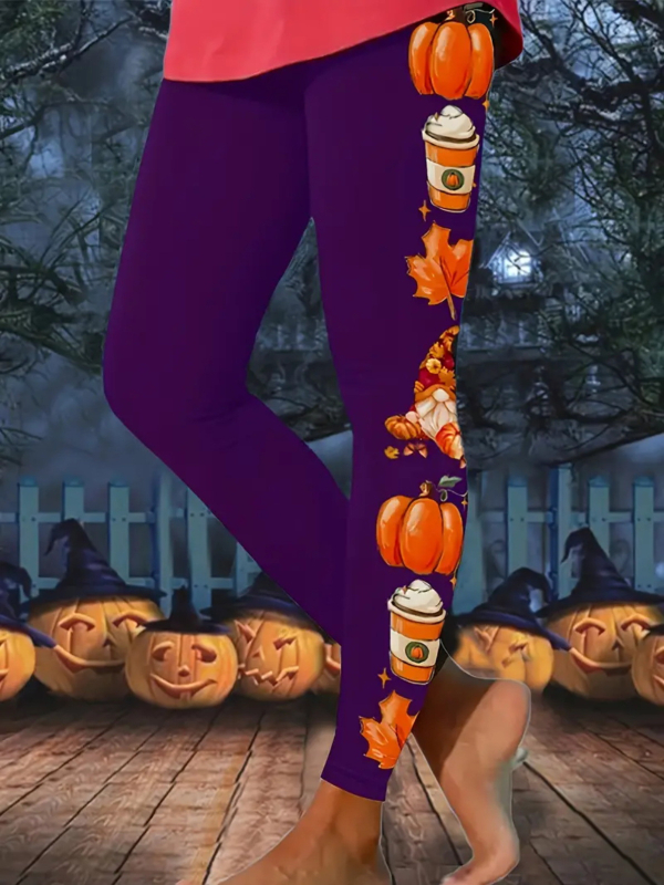 Ženske casual hlače s Halloween printom, motiv lampice od tikve, materijal imitacije pamuka s 70–80% poliestera, elastični pas, kroj olovka, proljeće 2024, gradski stil