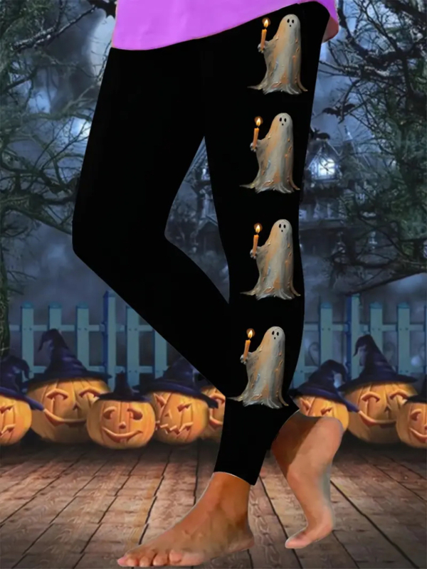 Ženske casual hlače s Halloween printom, motiv lampice od tikve, materijal imitacije pamuka s 70–80% poliestera, elastični pas, kroj olovka, proljeće 2024, gradski stil