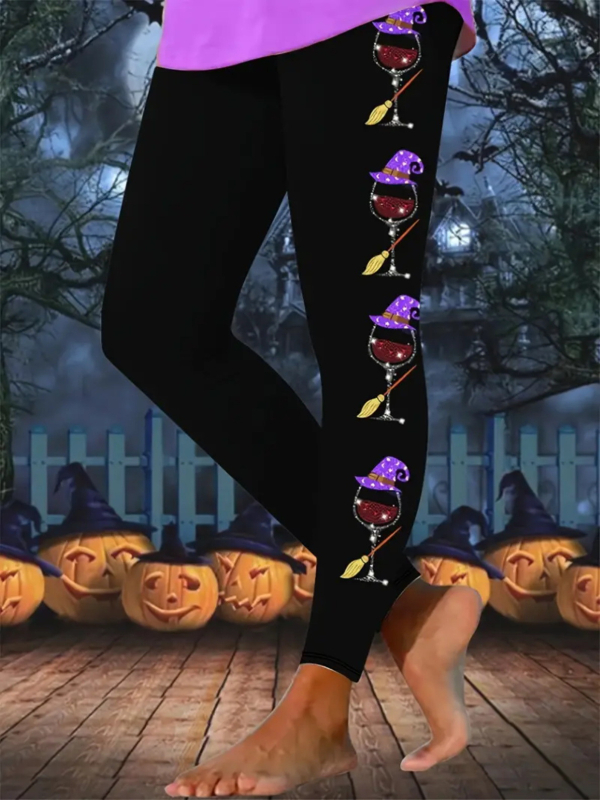 Ženske casual hlače s Halloween printom, motiv lampice od tikve, materijal imitacije pamuka s 70–80% poliestera, elastični pas, kroj olovka, proljeće 2024, gradski stil