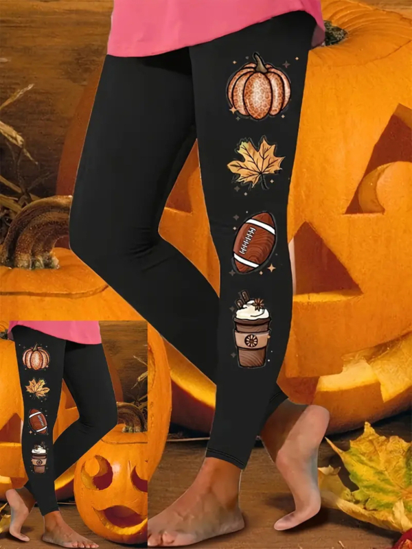 Ženske casual hlače s Halloween printom, motiv lampice od tikve, materijal imitacije pamuka s 70–80% poliestera, elastični pas, kroj olovka, proljeće 2024, gradski stil