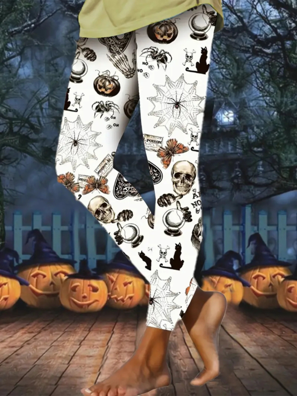 Ženske casual hlače s Halloween printom, motiv lampice od tikve, materijal imitacije pamuka s 70–80% poliestera, elastični pas, kroj olovka, proljeće 2024, gradski stil
