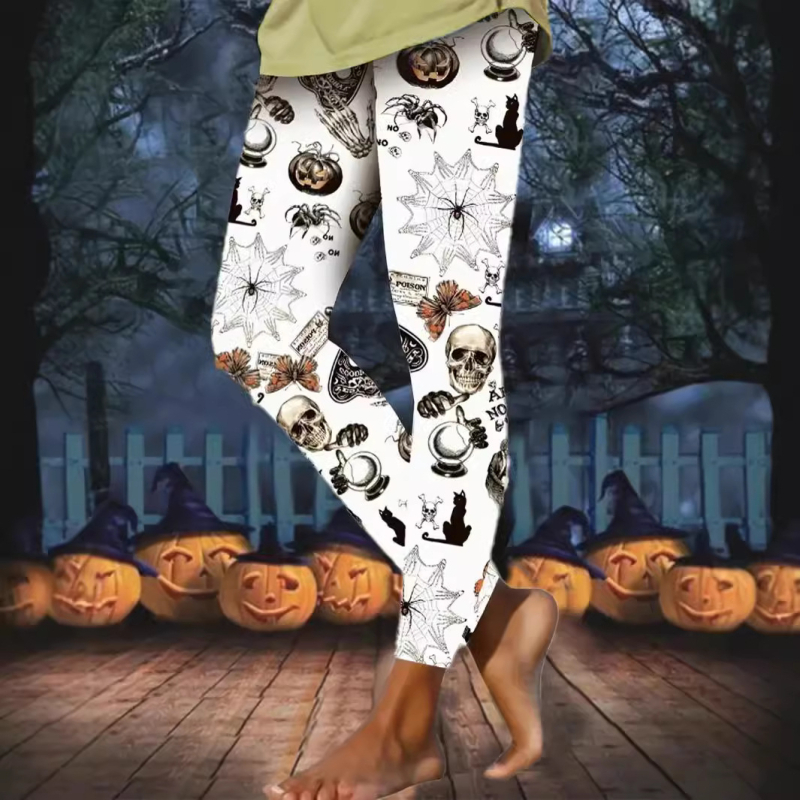 Ženske casual hlače s Halloween printom, motiv lampice od tikve, materijal imitacije pamuka s 70–80% poliestera, elastični pas, kroj olovka, proljeće 2024, gradski stil