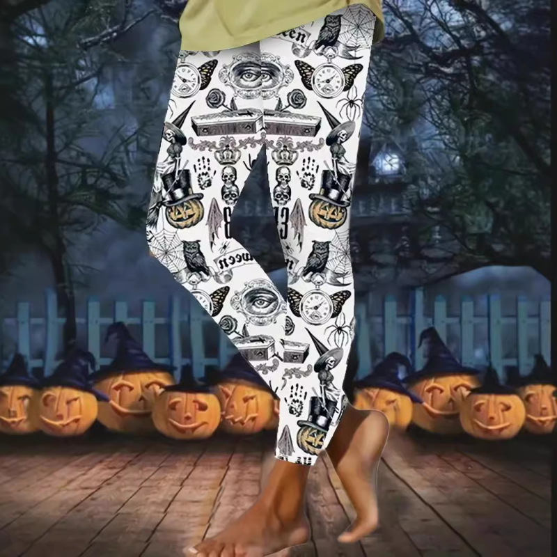 Ženske casual hlače s Halloween printom, motiv lampice od tikve, materijal imitacije pamuka s 70–80% poliestera, elastični pas, kroj olovka, proljeće 2024, gradski stil