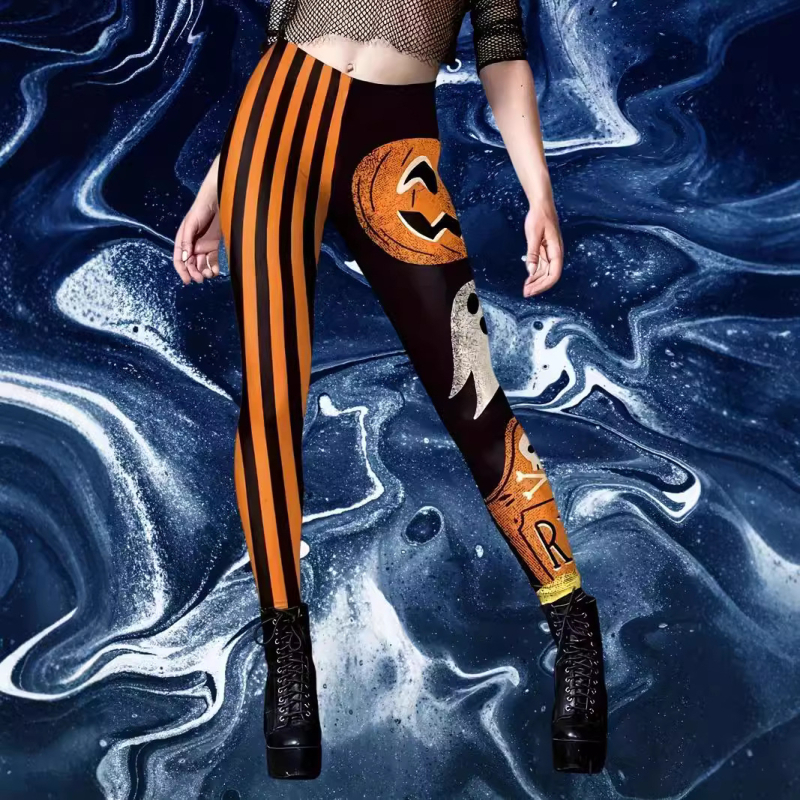 Ženske casual hlače s Halloween printom, motiv lampice od tikve, materijal imitacije pamuka s 70–80% poliestera, elastični pas, kroj olovka, proljeće 2024, gradski stil