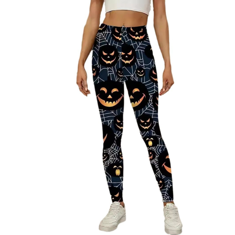 Ženske casual hlače s Halloween printom, motiv lampice od tikve, materijal imitacije pamuka s 70–80% poliestera, elastični pas, kroj olovka, proljeće 2024, gradski stil