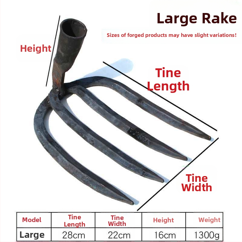 Keturių dantų kaltas plieninis grėblys daržo žemei laisvinti ir daržininkystei
