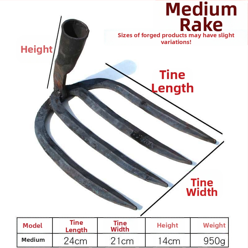 Keturių dantų kaltas plieninis grėblys daržo žemei laisvinti ir daržininkystei