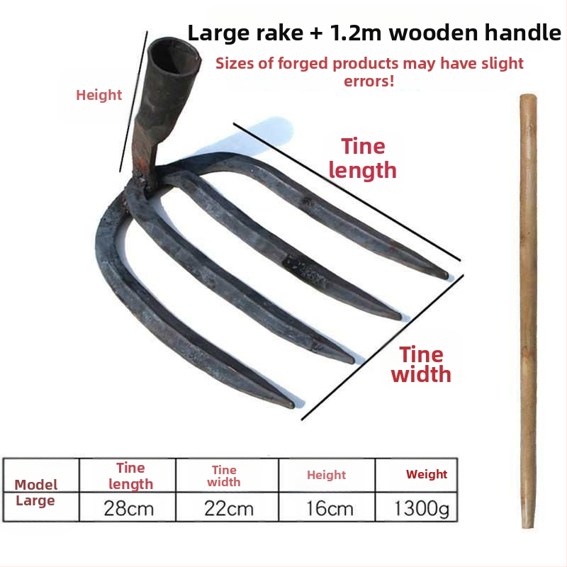 Keturių dantų kaltas plieninis grėblys daržo žemei laisvinti ir daržininkystei