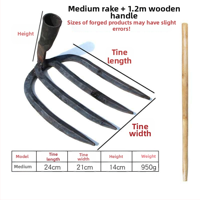 Keturių dantų kaltas plieninis grėblys daržo žemei laisvinti ir daržininkystei